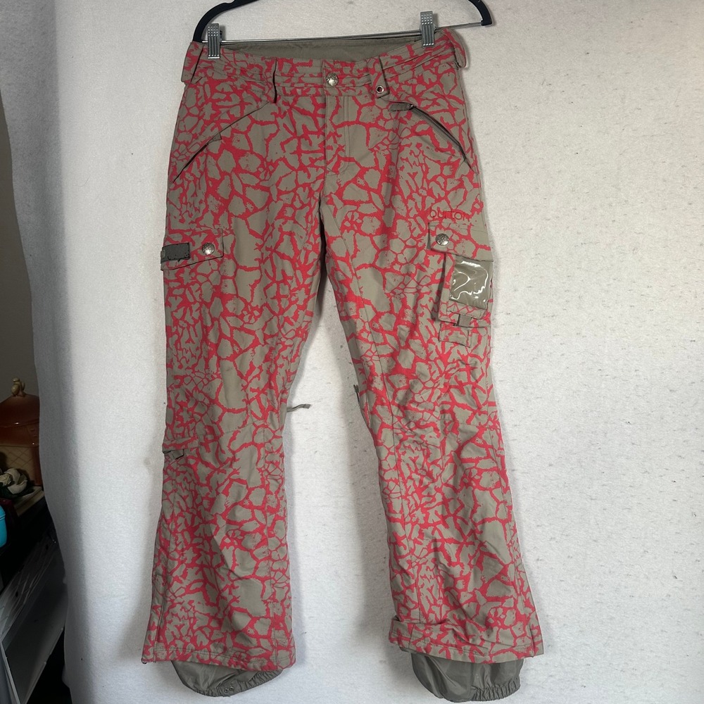 Burton Dryride Snowboard Pants Pink Tan Crackle Print Cargo Ski Trousers XS